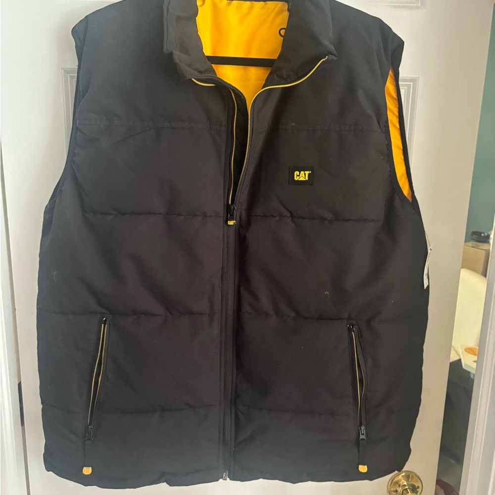 Caterpillar Black and Yellow Quilted Vest with Stand-Up Collar
